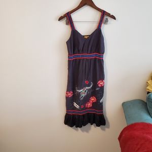 Embroidered southwestern print 100% silk midi dress size medium black rodeo